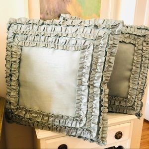 Pair vintage frilly seafoam green accent pillows